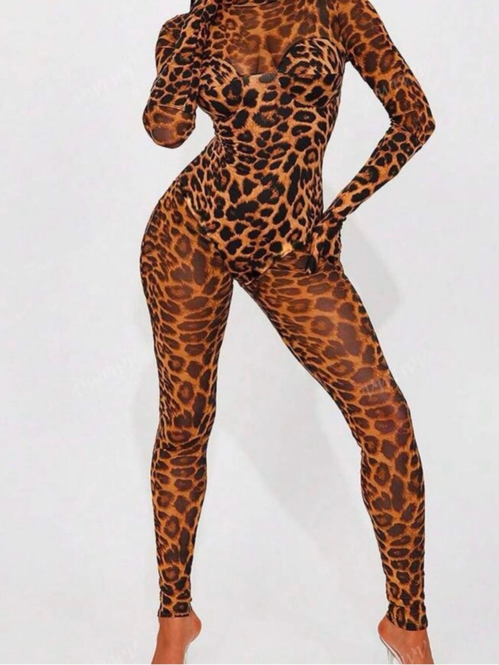 Leopard Print Long Sleeve Jumpsuit - Brown